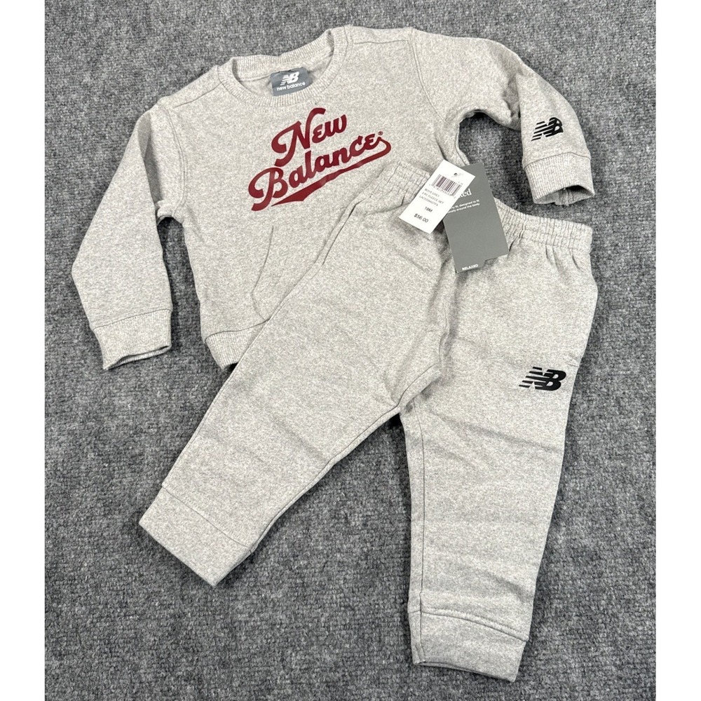New Balance Boys 18 Month Gray 2PC Set Fleece Sweatshirt Jogger Pants‎ Logo NWT